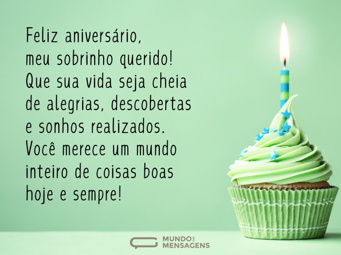 Feliz aniversário, meu sobrinho querido! Que sua vida seja cheia de alegrias, descobertas e sonhos realizados. Você merece um mundo inteiro de coisas boas hoje e sempre! 