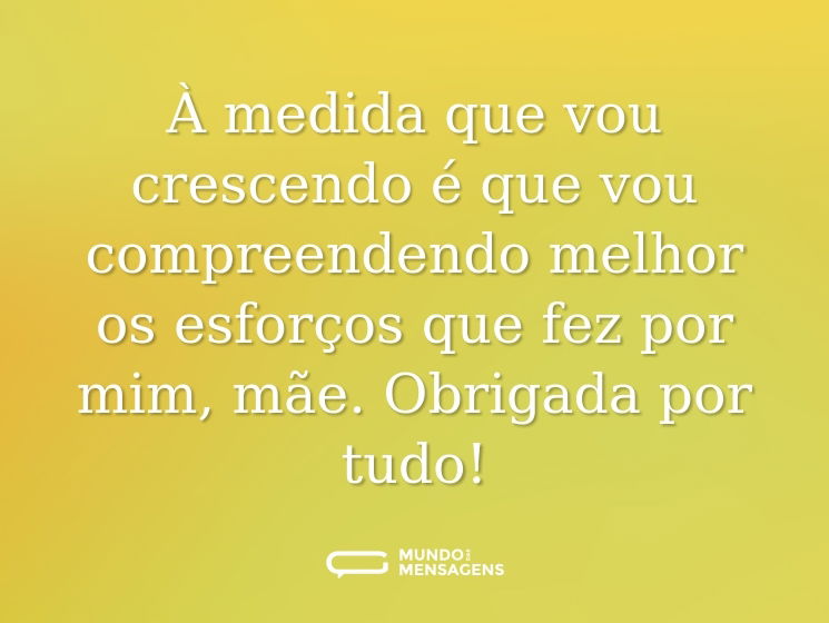À medida que vou crescendo é que vou compreendendo melhor os esforços que fez por mim, mãe. Obrigada por tudo!