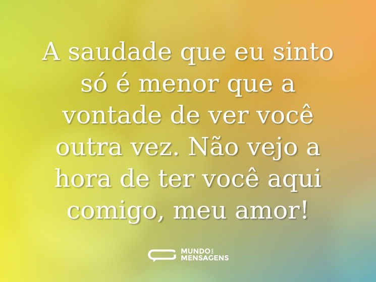 A saudade que eu sinto só é menor que a vontade de ver você outra vez. Não vejo a hora de ter você aqui comigo, meu amor!