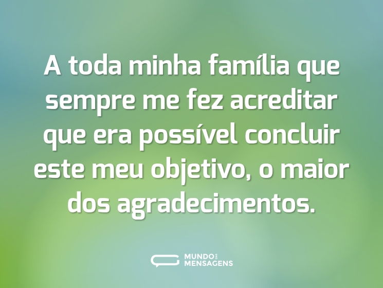 A toda minha família que sempre me fez acreditar que era possível concluir este meu objetivo, o maior dos agradecimentos.