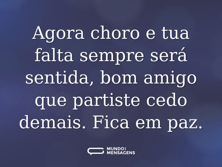 Agora choro e tua falta sempre será sentida, bom amigo que partiste cedo demais. Fica em paz.