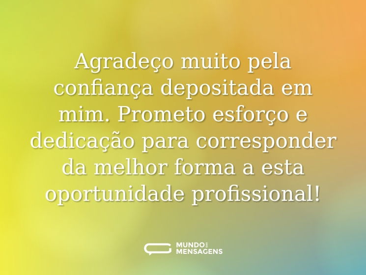 Agradeço muito pela confiança depositada em mim. Prometo esforço e dedicação para corresponder da melhor forma a esta oportunidade profissional!