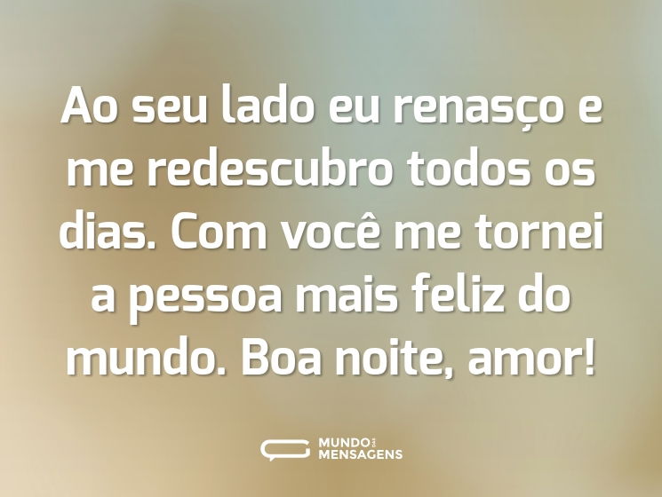 Ao seu lado eu renasço e me redescubro todos os dias. Com você me tornei a pessoa mais feliz do mundo. Boa noite, amor!