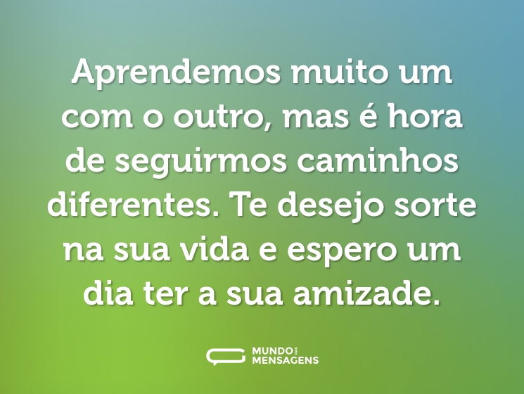 Aprendemos muito um com o outro, mas é hora de seguirmos caminhos diferentes. Te desejo sorte na sua vida e espero um dia ter a sua amizade.