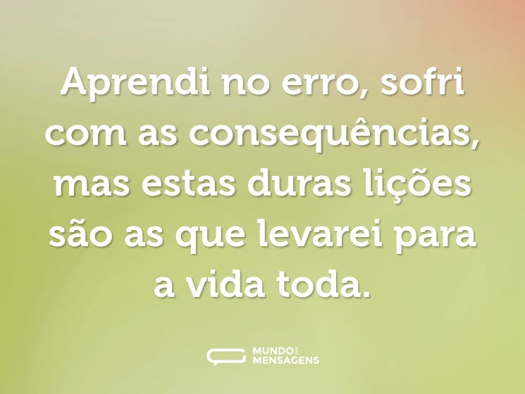 Aprendi no erro, sofri com as consequências, mas estas duras lições são as que levarei para a vida toda.
