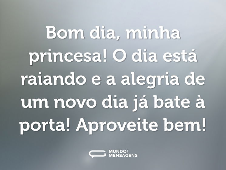Bom dia, minha princesa! O dia está raiando e a alegria de um novo dia já bate à porta! Aproveite bem!