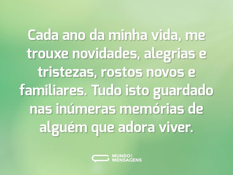 Cada ano da minha vida, me trouxe novidades, alegrias e tristezas, rostos novos e familiares. Tudo isto guardado nas inúmeras memórias de alguém que adora viver.