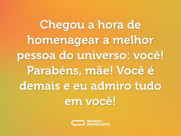 Chegou a hora de homenagear a melhor pessoa do universo: você! Parabéns, mãe! Você é demais e eu admiro tudo em você!