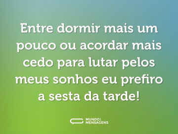 Entre dormir mais um pouco ou acordar mais cedo para lutar pelos meus sonhos eu prefiro a sesta da tarde!