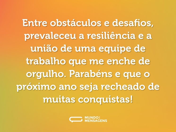Entre obstáculos e desafios, prevaleceu a resiliência e a união de uma equipe de trabalho que me enche de orgulho. Parabéns e que o próximo ano seja recheado de muitas conquistas!