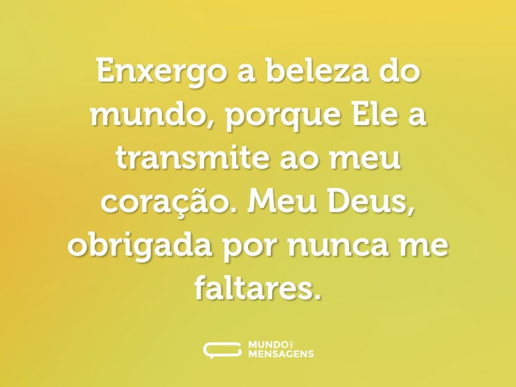 Enxergo a beleza do mundo, porque Ele a transmite ao meu coração. Meu Deus, obrigada por nunca me faltares.