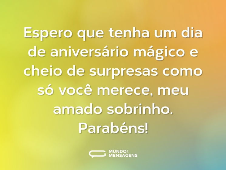 Espero que tenha um dia de aniversário mágico e cheio de surpresas como só você merece, meu amado sobrinho. Parabéns!