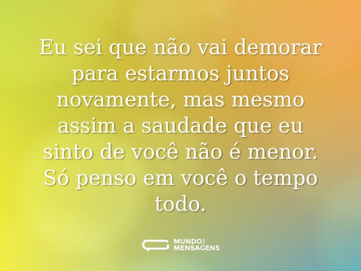 Eu sei que não vai demorar para estarmos juntos novamente, mas mesmo assim a saudade que eu sinto de você não é menor. Só penso em você o tempo todo.