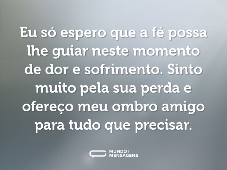 Eu só espero que a fé possa lhe guiar neste momento de dor e sofrimento. Sinto muito pela sua perda e ofereço meu ombro amigo para tudo que precisar.