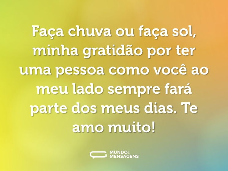 Faça chuva ou faça sol, minha gratidão por ter uma pessoa como você ao meu lado sempre fará parte dos meus dias. Te amo muito!