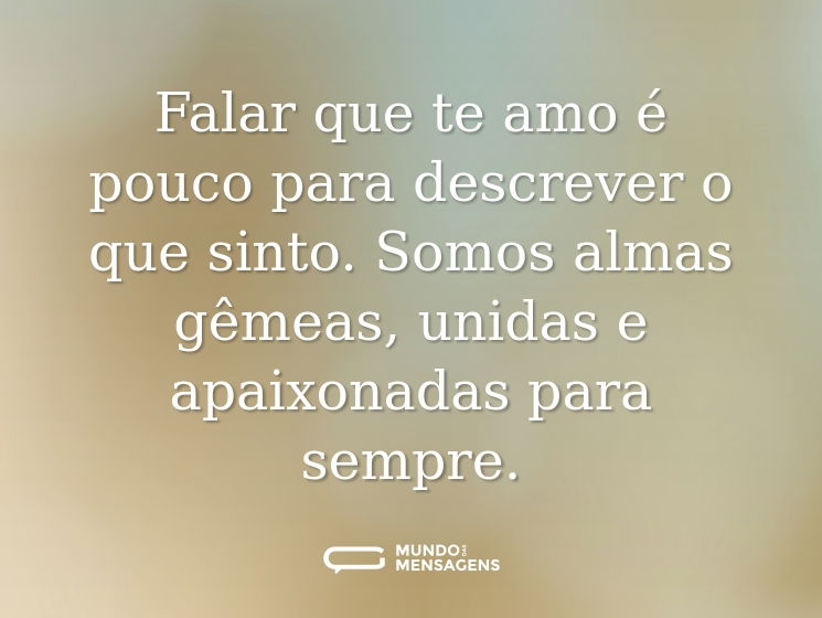 Falar que te amo é pouco para descrever o que sinto. Somos almas gêmeas, unidas e apaixonadas para sempre.