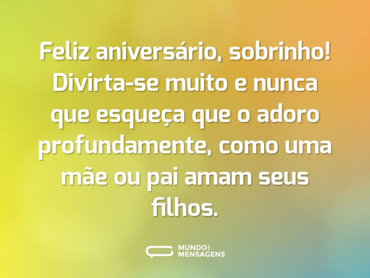 Feliz aniversário, sobrinho! Divirta-se muito e nunca que esqueça que o adoro profundamente, como uma mãe ou pai amam seus filhos.