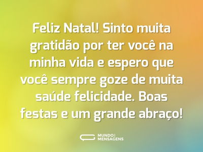 Feliz Natal! Sinto muita gratidão por ter você na minha vida e espero que você sempre goze de muita saúde felicidade. Boas festas e um grande abraço!