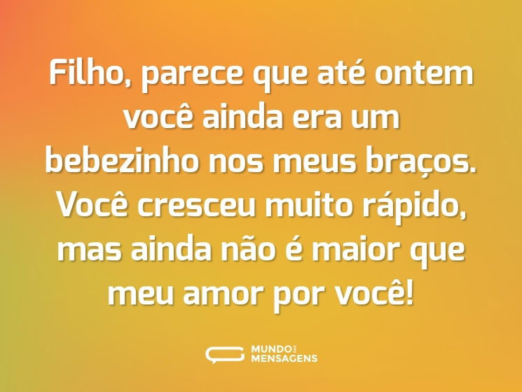 Filho, parece que até ontem você ainda era um bebezinho nos meus braços. Você cresceu muito rápido, mas ainda não é maior que meu amor por você!