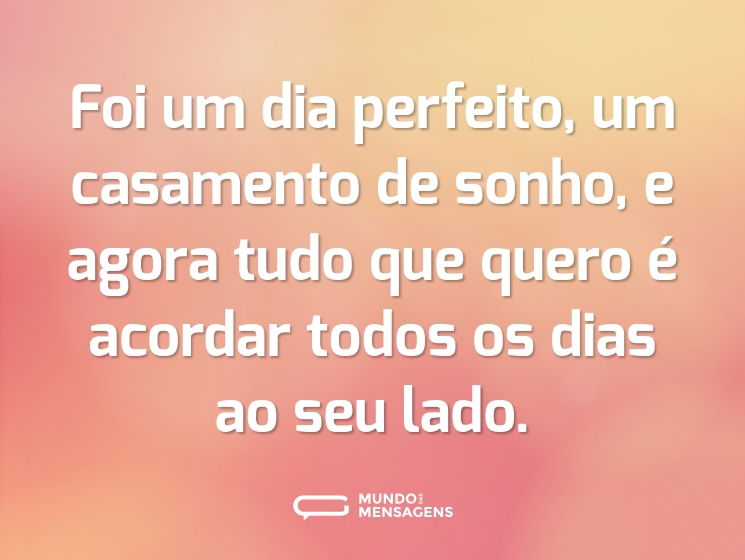 Foi um dia perfeito, um casamento de sonho, e agora tudo que quero é acordar todos os dias ao seu lado.