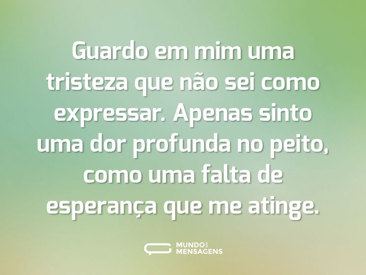 Guardo em mim uma tristeza que não sei como expressar. Apenas sinto uma dor profunda no peito, como uma falta de esperança que me atinge.