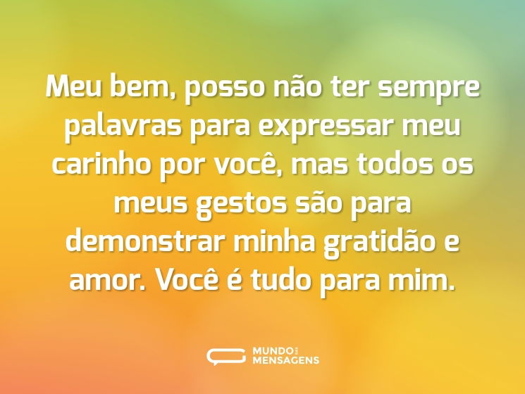 Meu bem, posso não ter sempre palavras para expressar meu carinho por você, mas todos os meus gestos são para demonstrar minha gratidão e amor. Você é tudo para mim.