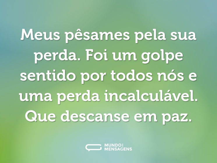 Meus pêsames pela sua perda. Foi um golpe sentido por todos nós e uma perda incalculável. Que descanse em paz.
