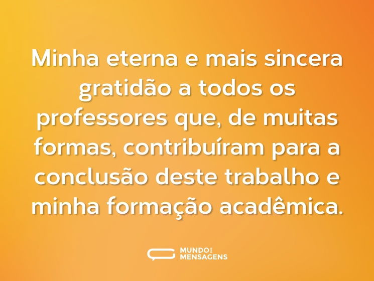 Minha eterna e mais sincera gratidão a todos os professores que, de muitas formas, contribuíram para a conclusão deste trabalho e minha formação acadêmica.
