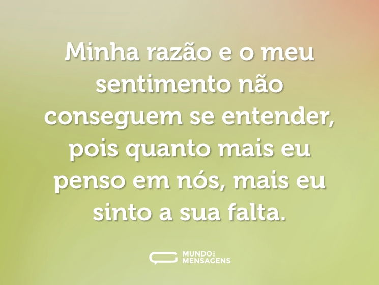 Minha razão e o meu sentimento não conseguem se entender, pois quanto mais eu penso em nós, mais eu sinto a sua falta.
