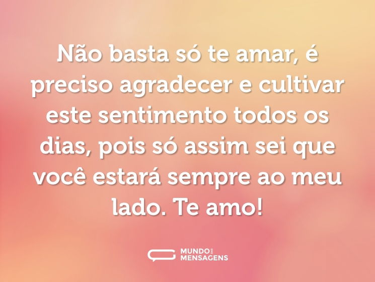 Não basta só te amar, é preciso agradecer e cultivar este sentimento todos os dias, pois só assim sei que você estará sempre ao meu lado. Te amo!