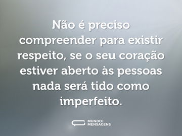 Não é preciso compreender para existir respeito, se o seu coração estiver aberto às pessoas nada será tido como imperfeito.