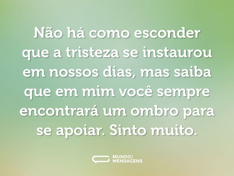 Não há como esconder que a tristeza se instaurou em nossos dias, mas saiba que em mim você sempre encontrará um ombro para se apoiar. Sinto muito.