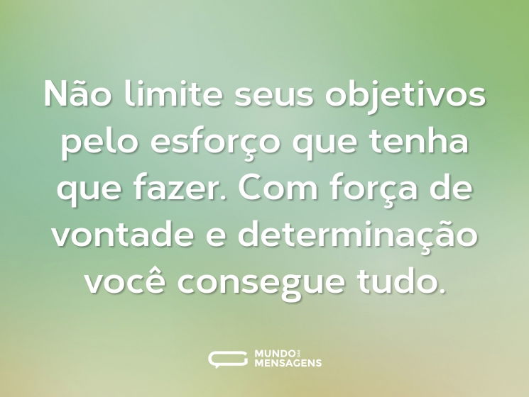 Não limite seus objetivos pelo esforço que tenha que fazer. Com força de vontade e determinação você consegue tudo.