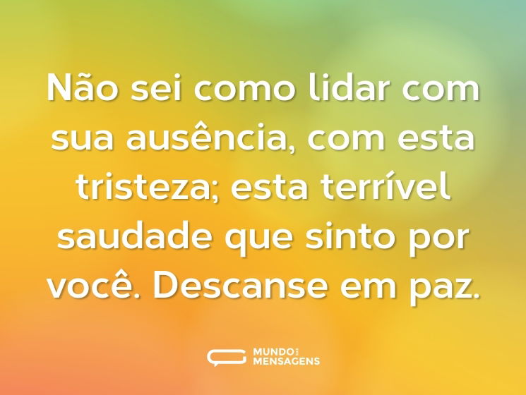 Não sei como lidar com sua ausência, com esta tristeza; esta terrível saudade que sinto por você. Descanse em paz.