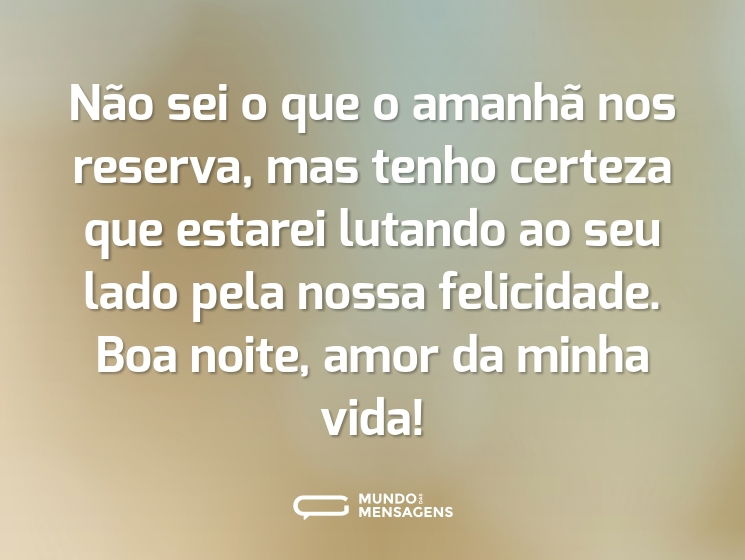 Não sei o que o amanhã nos reserva, mas tenho certeza que estarei lutando ao seu lado pela nossa felicidade. Boa noite, amor da minha vida!