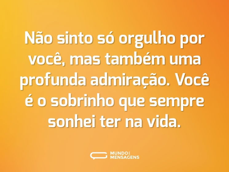 Não sinto só orgulho por você, mas também uma profunda admiração. Você é o sobrinho que sempre sonhei ter na vida.