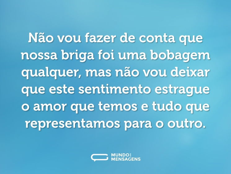 Não vou fazer de conta que nossa briga foi uma bobagem qualquer, mas não vou deixar que este sentimento estrague o amor que temos e tudo que representamos para o outro.