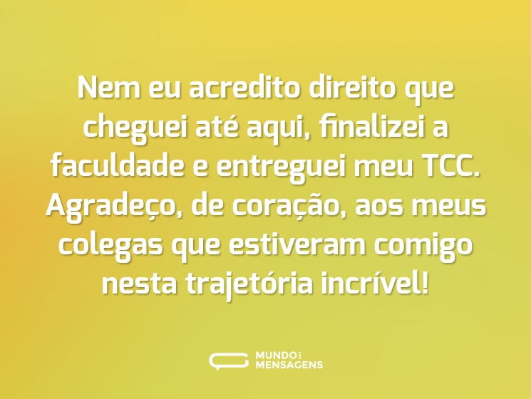Nem eu acredito direito que cheguei até aqui, finalizei a faculdade e entreguei meu TCC. Agradeço, de coração, aos meus colegas que estiveram comigo nesta trajetória incrível!