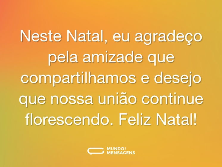 Neste Natal, eu agradeço pela amizade que compartilhamos e desejo que nossa união continue florescendo. Feliz Natal!