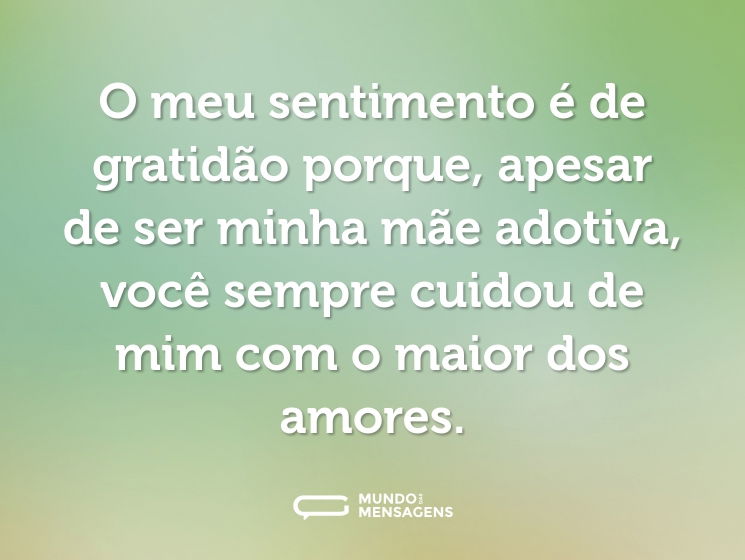 O meu sentimento é de gratidão porque, apesar de ser minha mãe adotiva, você sempre cuidou de mim com o maior dos amores.