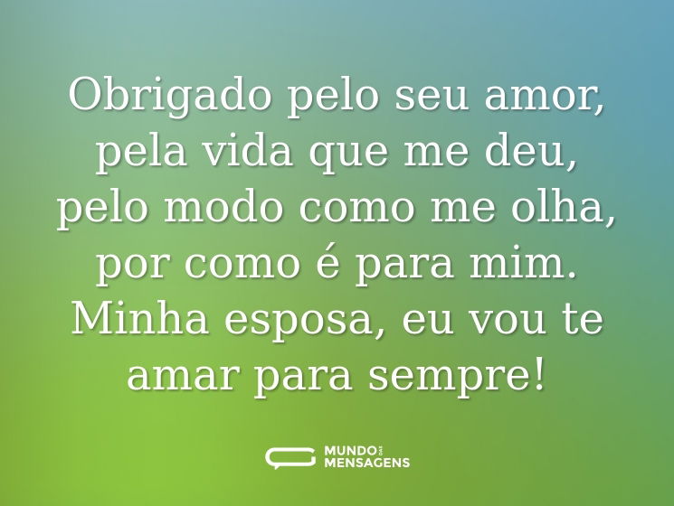 Obrigado pelo seu amor, pela vida que me deu, pelo modo como me olha, por como é para mim. Minha esposa, eu vou te amar para sempre!