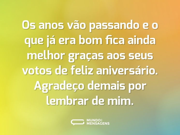 Os anos vão passando e o que já era bom fica ainda melhor graças aos seus votos de feliz aniversário. Agradeço demais por lembrar de mim.
