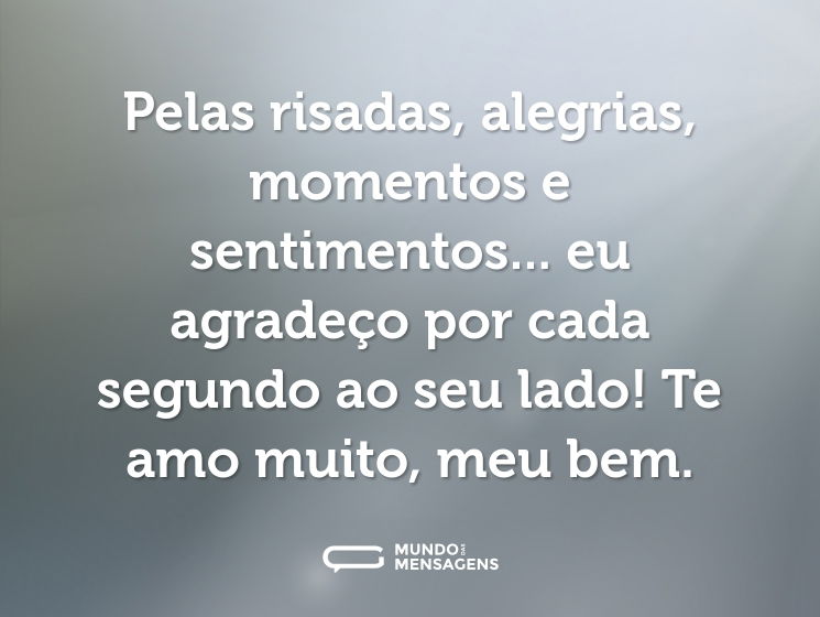 Pelas risadas, alegrias, momentos e sentimentos... eu agradeço por cada segundo ao seu lado! Te amo muito, meu bem.