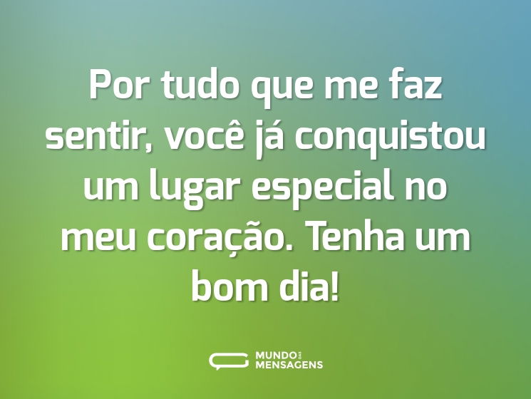 Por tudo que me faz sentir, você já conquistou um lugar especial no meu coração. Tenha um bom dia!