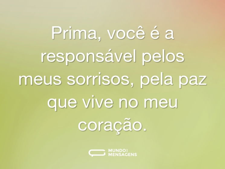 Prima, você é a responsável pelos meus sorrisos, pela paz que vive no meu coração.