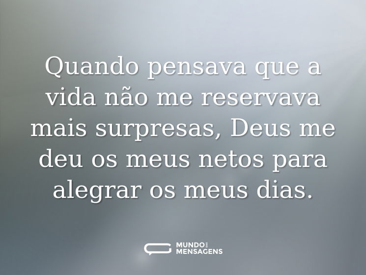 Quando pensava que a vida não me reservava mais surpresas, Deus me deu os meus netos para alegrar os meus dias.