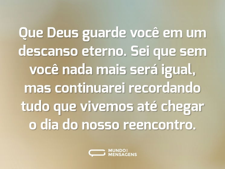 Que Deus guarde você em um descanso eterno. Sei que sem você nada mais será igual, mas continuarei recordando tudo que vivemos até chegar o dia do nosso reencontro.