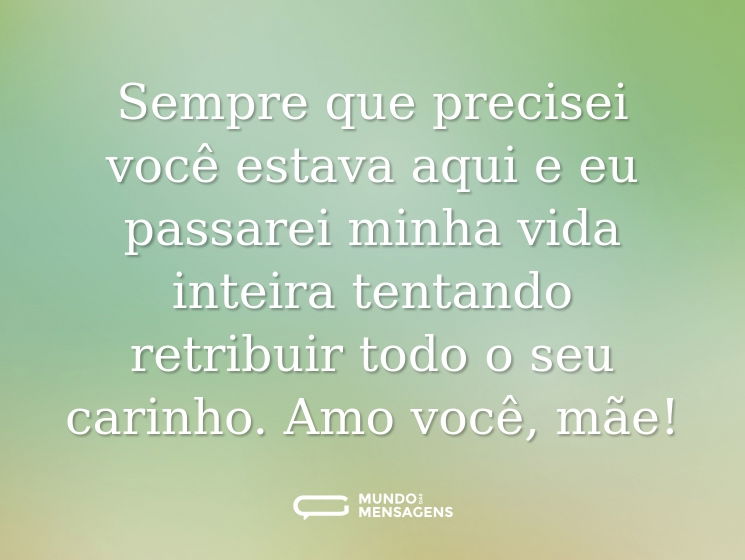 Sempre que precisei você estava aqui e eu passarei minha vida inteira tentando retribuir todo o seu carinho. Amo você, mãe!