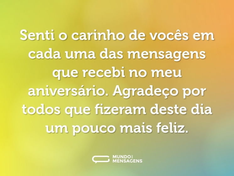 Senti o carinho de vocês em cada uma das mensagens que recebi no meu aniversário. Agradeço por todos que fizeram deste dia um pouco mais feliz.