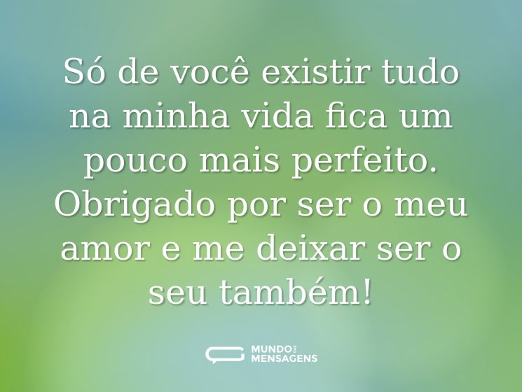 Só de você existir tudo na minha vida fica um pouco mais perfeito. Obrigado por ser o meu amor e me deixar ser o seu também!